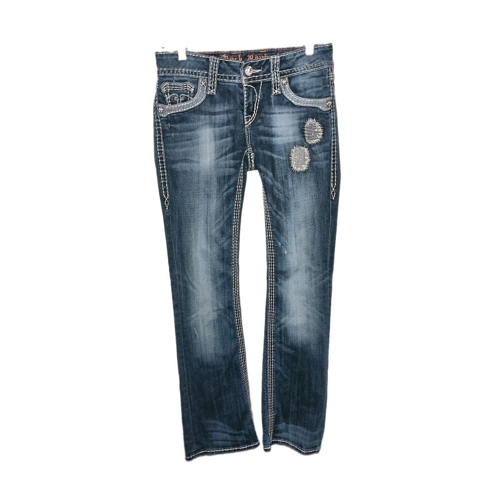 Rock Revival Alanis Bootcut Low Rise Jeans Sz 28x30 Distressed Embellished